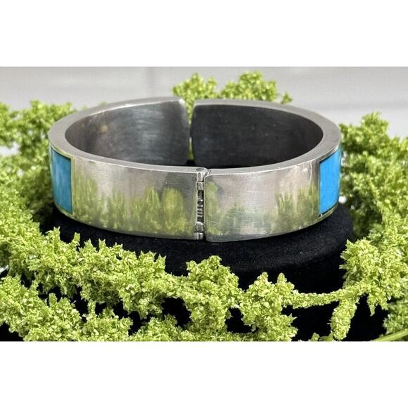 Vintage Taxco Turquoise Inlay Sterling Silver Chunky Clamper Bracelet - Picture 4 of 7